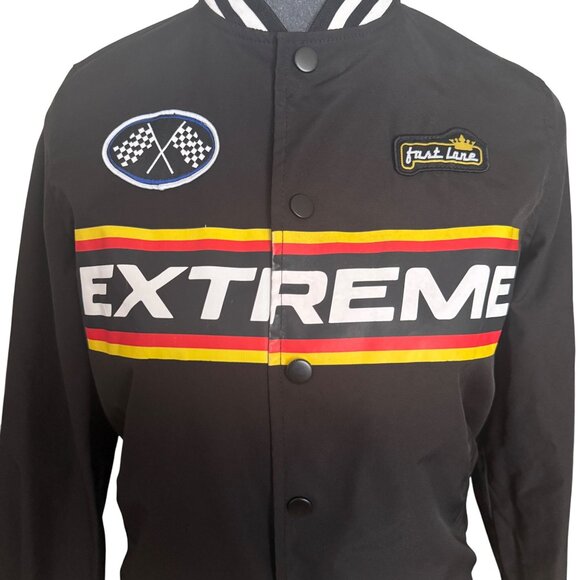 Extreme Racing Jacket Snap Button Closure Black White Striped Cuffs & Hem Embroi - Picture 2 of 4